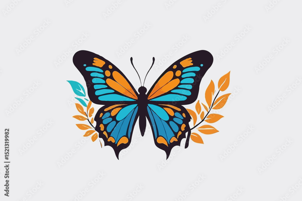 Obraz premium Colorful Butterfly with Blue and Orange Wings and Leaves