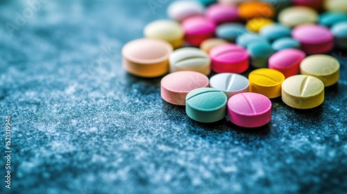 A scattered collection of colorful round tablets lies on a textured blue surface
