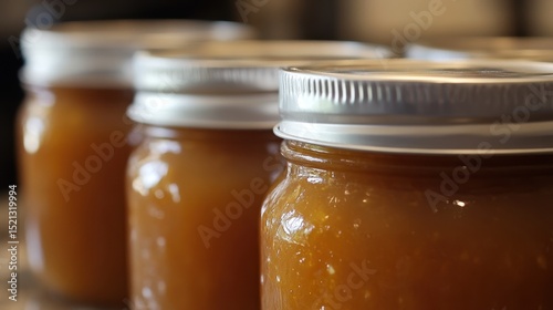 Several glass jars filled with golden apricot jam are neatly lined up with metal lids