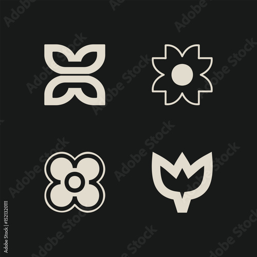 Mid century modern flowers vectors. Simple geometric icons. 