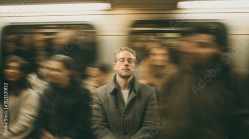 Man sitting calmly in subway train surrounded by blurred commuters conveying stillness in chaos
