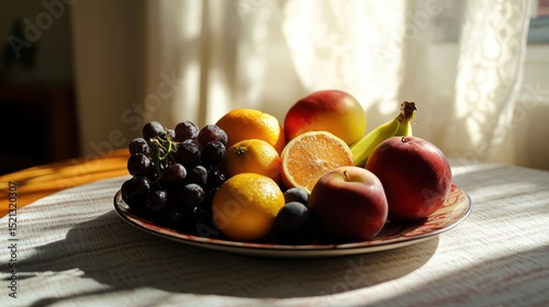 A colorful assortment of fresh fruits including apples, oranges, bananas, grapes, and plums