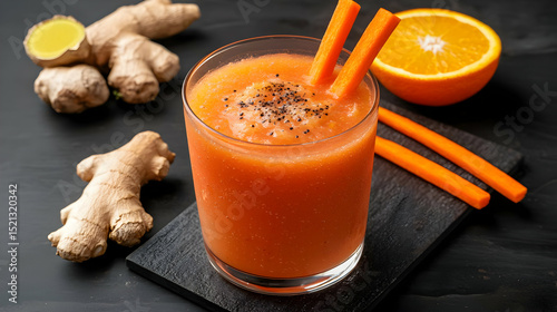 Orange Carrot Ginger Smoothie In Glass Cup