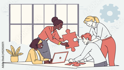 Team of diverse professionals collaborating on a puzzle in an office environment with a laptop and plant