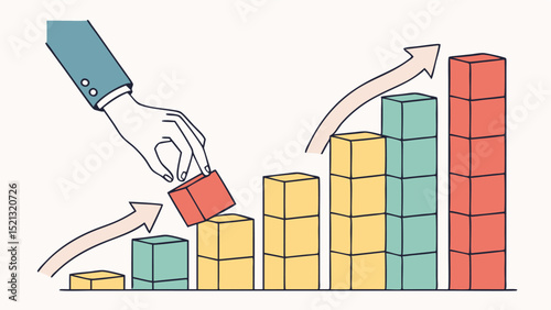 Hand placing a block on a growing bar graph with upward arrows illustrating business growth concept