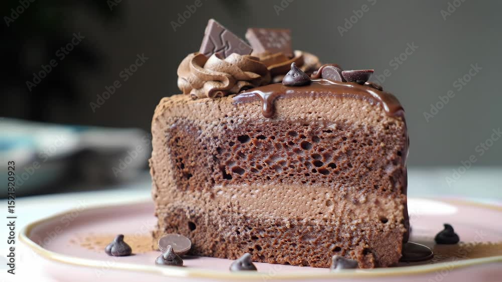 Cinematic close-up of layered chocolate cake slice with ganache drip and chocolate decorations on pink plate, orbit and zoom