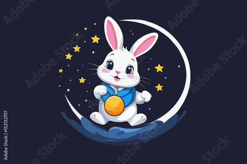 Adorable Bunny on Moon with Medal