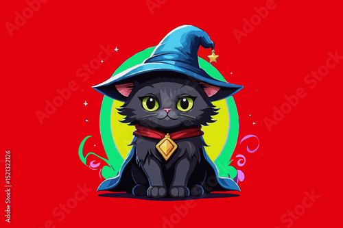 Halloween cute witch cat illustration - black feline
