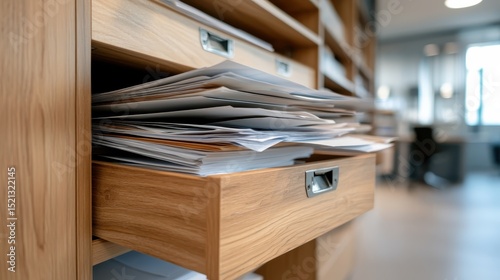 A close-up view of an organized wooden drawer filled with paperwork, showcasing an office environment, indicating a blend of structure and work-related chaos in modern life.