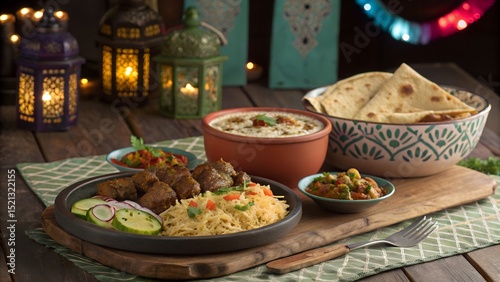 Traditional Indian Thali with Biryani, Curry, and Tandoori Roti – Festive Meal Setup