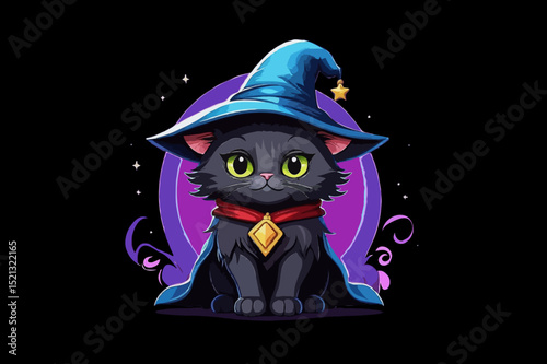 Halloween cute witch cat illustration - black feline