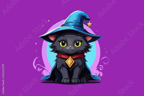 Halloween cute witch cat illustration - black feline