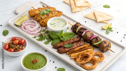 Pakistani BBQ Platter with Seekh Kabab, Chicken Tikka and Dips