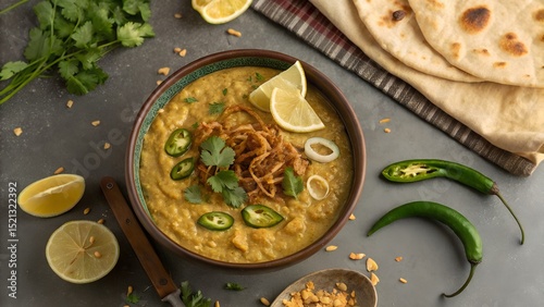 Creamy Pakistani Haleem with Garnish and Naan on the Side
