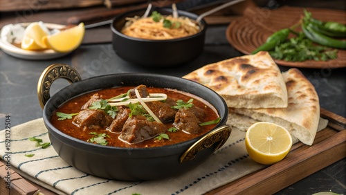 Authentic Pakistani Mutton Curry Served with Naan and Lemon Wedges