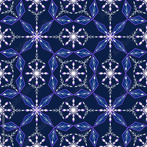 This fabric features a dark blue kaleidoscope pattern with prominent snowflake and diamond-like motifs, suitable for designs requiring a calm and modern aesthetic.