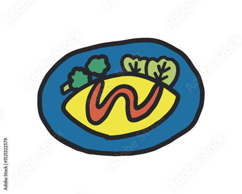 オムライスのラフな線あり手描きイラスト。ブロッコリーとレタス