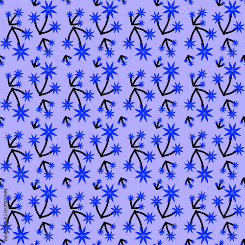 This fabric features a blue and black floral pattern on a light purple background, with a design resembling neurons, suitable for unique and modern design projects.