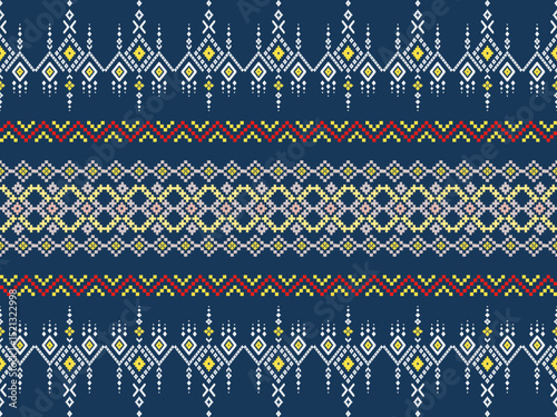This fabric features a dark blue Aztec tribal pattern with prominent geometric and zigzag motifs, suitable for textile design and handicrafts.