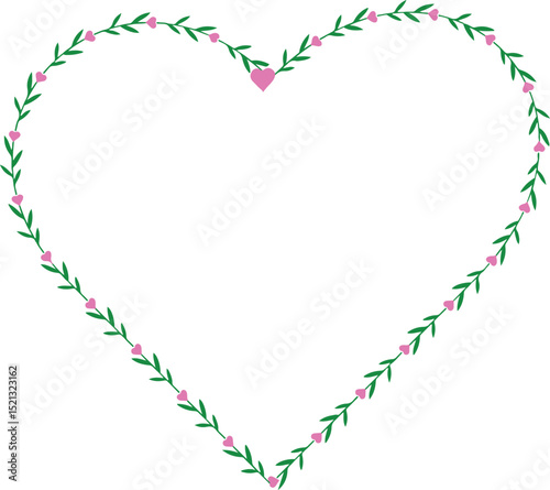 Heart shape made of green branches and pink hearts.