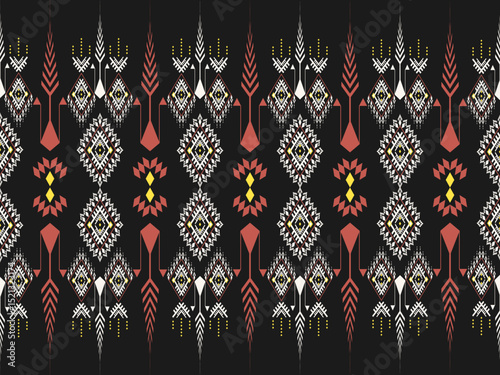 This fabric features an adapted T'nalak pattern with black, red, and white tribal motifs on a dark black background, suitable for textile design and handicrafts.