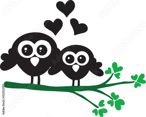 Cute love owls on tree branch.