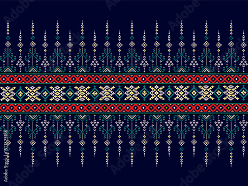 This fabric features an intricate Ulos woven pattern with geometric and tribal motifs on a dark blue background, suitable for textile design and handicrafts.