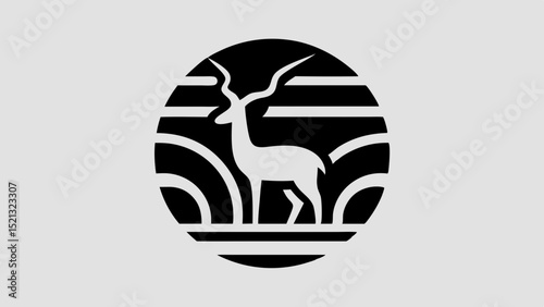 Logo Graceful Gazelle Silhouette with Curved Horns, Tensed Legs, and Sunset Glow