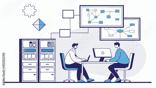 Two colleagues collaborating on network diagrams in an office with server racks and gear icon above them