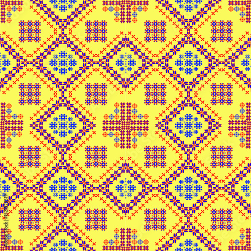 This fabric features a vibrant yellow Tikar woven pattern with intricate pixelated geometric motifs and bold colors, suitable for designs that seek prominence and vitality.