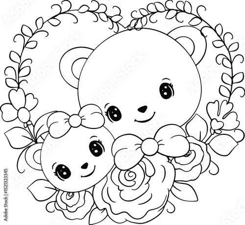 Cute bear family with flowers and heart frame.