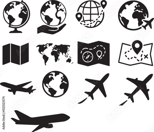 travel silhouette set. Map, global, location, aeroplane