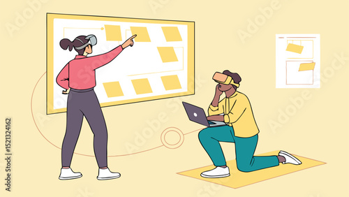 Two people using vr headsets interacting with a whiteboard and a laptop in a light yellow room setting