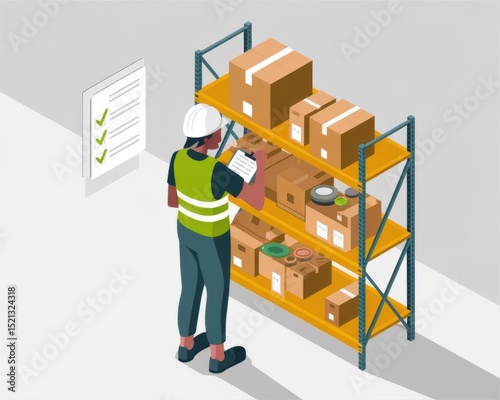 Isometric Warehouse Inventory Check and Management with Checklist and Worker