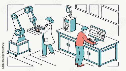 Illustration of two people working in a lab with a robotic arm and computer station shown in detail