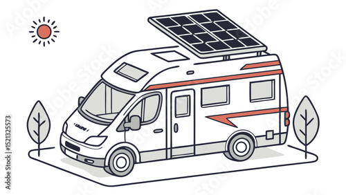 Illustration of a camper van with solar panels on the roof parked near trees under a bright sun design