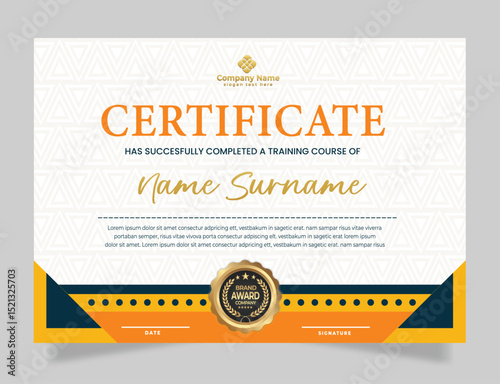 Profesional award certificate template with orange shape design. Certificate appreciation, achievement, diploma with set of premium badges.