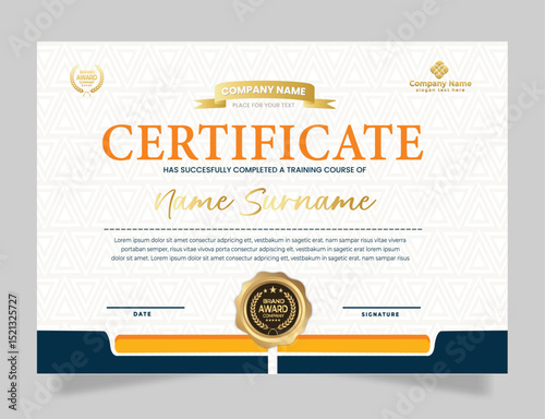 Profesional award certificate template with orange shape design. Certificate appreciation, achievement, diploma with set of premium badges.