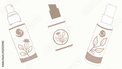 Illustration of three spray bottles with different plant designs on the labels in a simple style