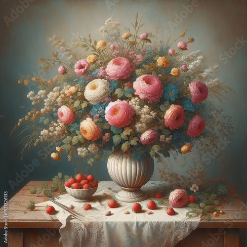 A vase with a bouquet of fresh flowers A vase is filled with a b