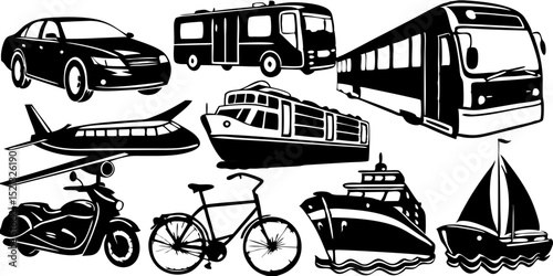 Transportation, vehicle icon set. Vector glyph pictograms of travel, logistics, public transit concepts, car, train, bus, bicycle, boat, and airplane black silhouette illustration