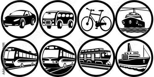 Transportation, vehicle icon set. Vector glyph pictograms of travel, logistics, public transit concepts, car, train, bus, bicycle, boat, and airplane black silhouette illustration