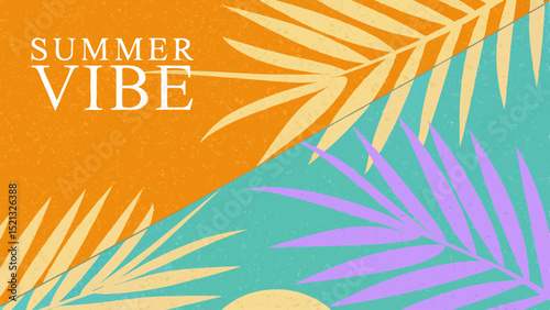 Tropical summer vibe background with palm leaves in orange, teal, and purple color scheme design style