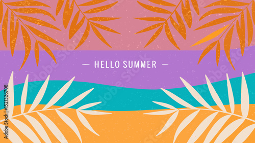 Tropical summer background with palm leaves and colorful stripes with hello summer text 100 char
