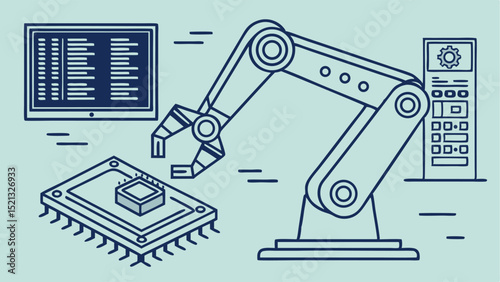 Illustration of a robotic arm working on a microchip with a monitor and control panel in the background