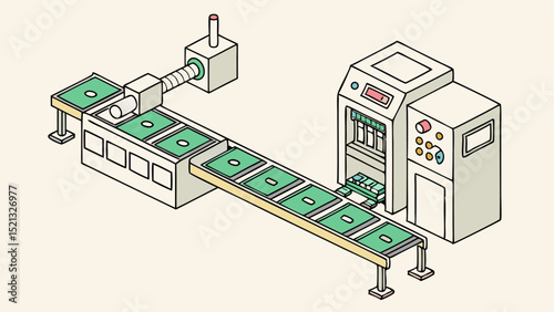 Isometric illustration of a factory assembly line with conveyor belt and processing machine with buttons