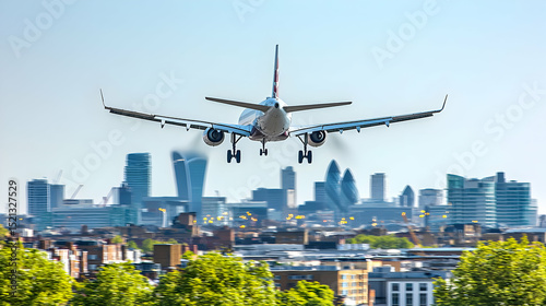 Airplane Landing Over London Cityscape
