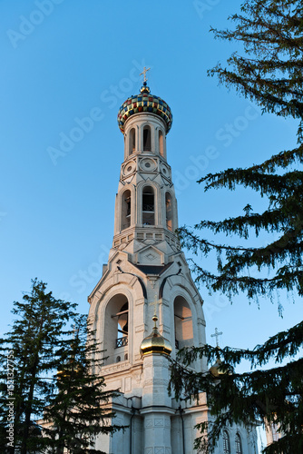 Beautiful tower of a historic church surrounded by tall trees against a clear blue sky during sunset