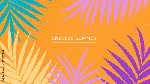 Colorful tropical leaves on orange background with the words endless summer in the center design is vibrant