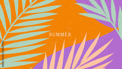 Tropical summer background with palm leaves in orange purple and light green colors design art